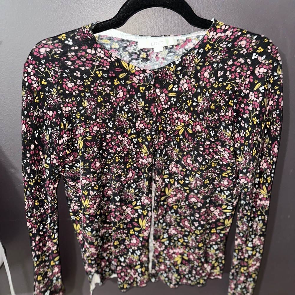 LOFT Black Floral Knit Cardigan
